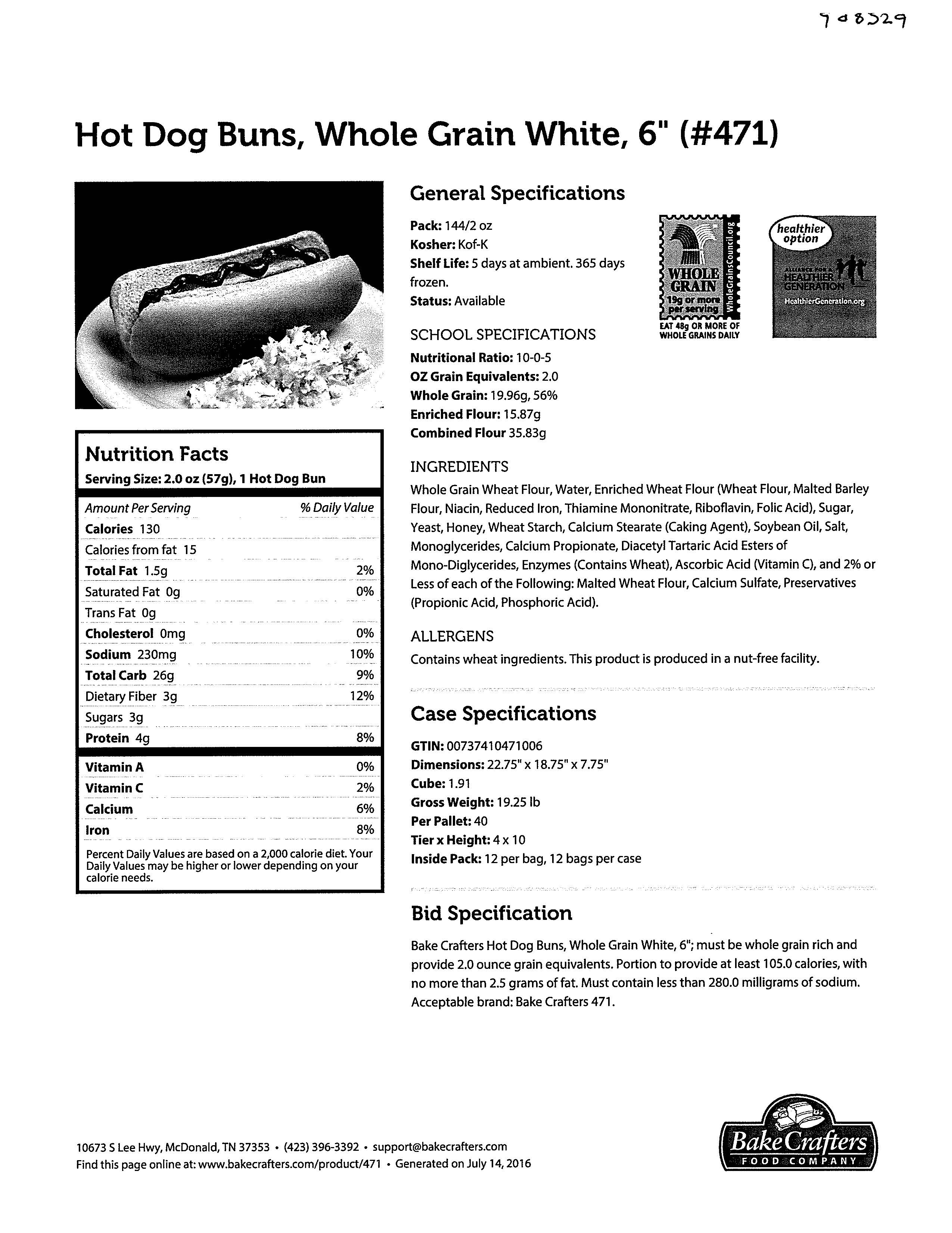Bake Crafters - Bun Hot Dog WG 6" 05798
